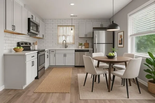 a kitchen with stainless steel appliances a dining table chairs refrigerator and sink