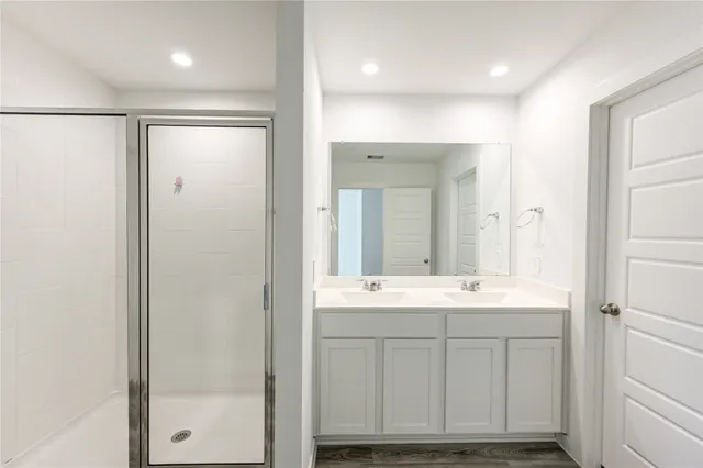 a bathroom with a shower sink and mirror