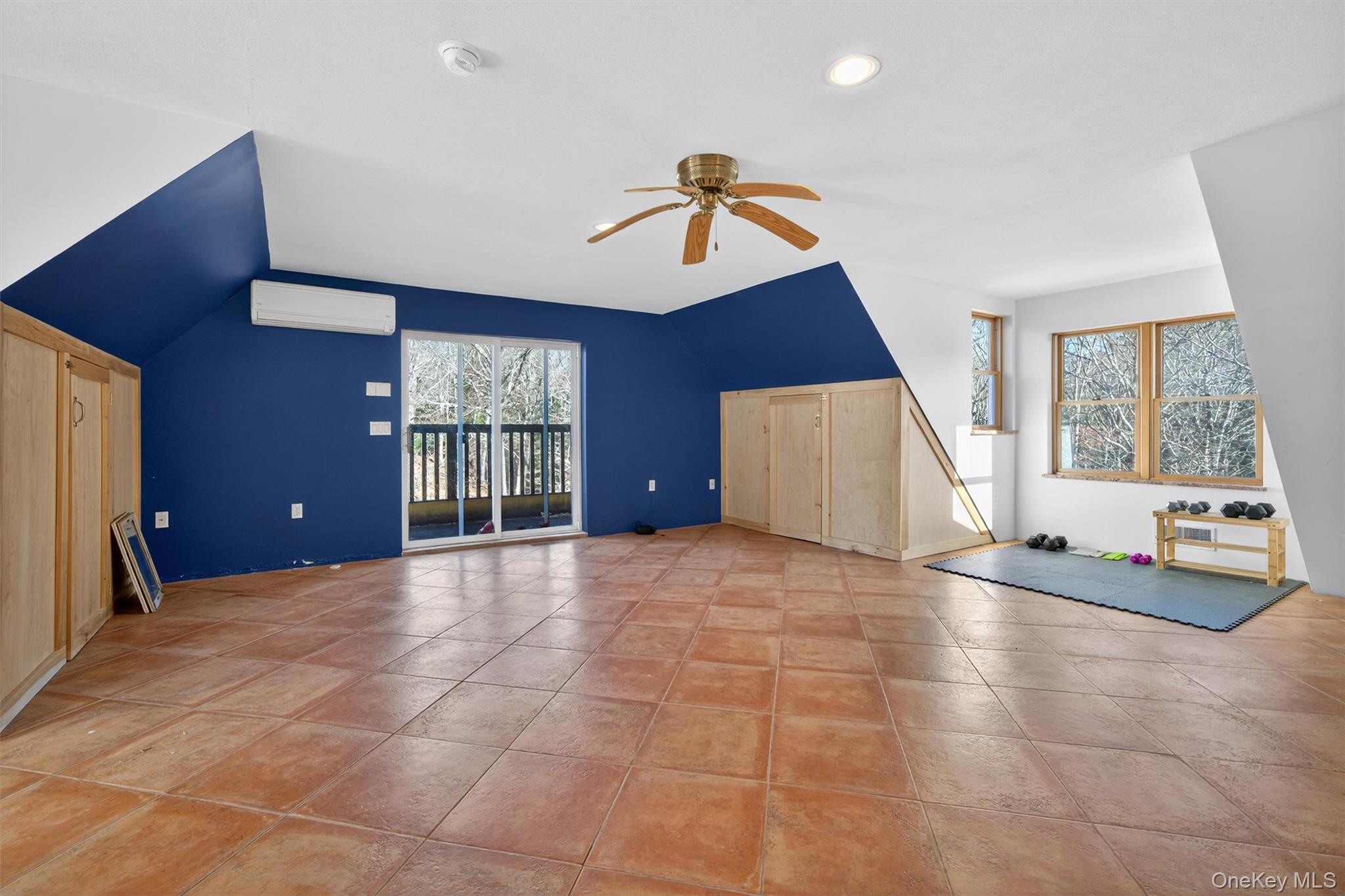 125 Dexheimer Road Narrowsburg, NY 12764 - Photo 18 of 50 Additional living space featuring a ceiling fan, lofted ceiling, recessed lighting, and light tile patterned floors