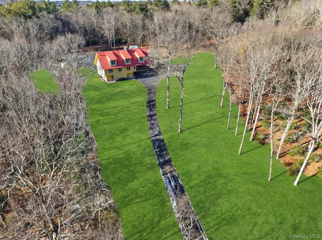 a green field with lots of trees in the background