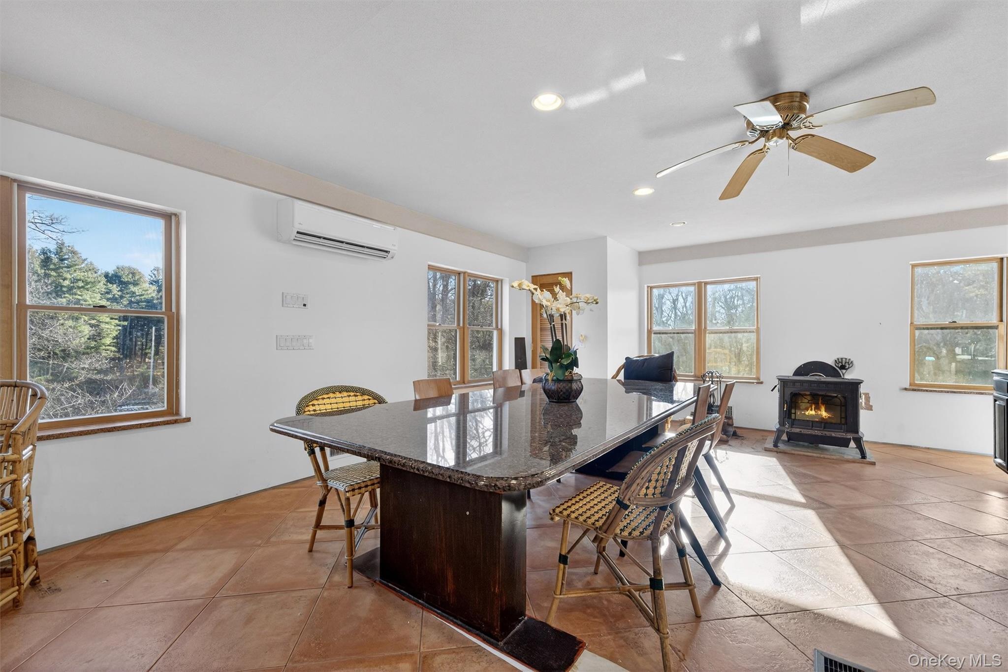 125 Dexheimer Road Narrowsburg, NY 12764 - Photo 8 of 50 Dining space with a wood stove, healthy amount of natural light, an AC wall unit, recessed lighting, and ceiling fan