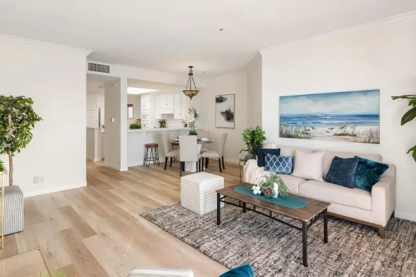 a view of a dining room with furniture