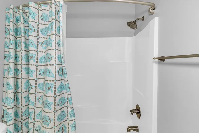 a close up of a shower curtain