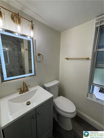 a bathroom with a toilet sink and mirror