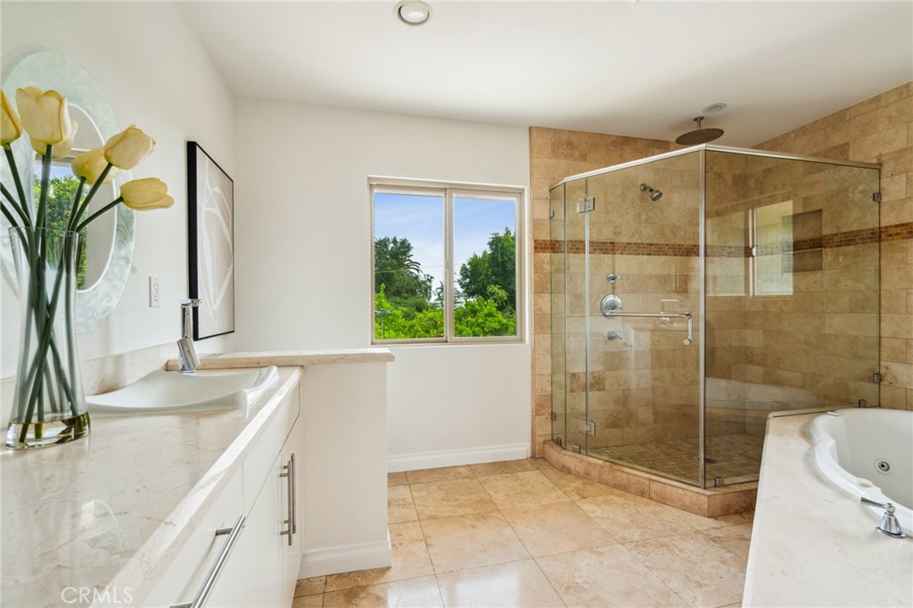 3336 Villa Mesa Road Pasadena, CA 91107 - Photo 27 of 60 a bathroom with a granite countertop sink a toilet and shower