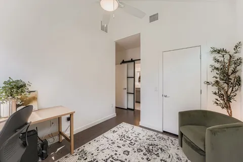 a living room with furniture and a potted plant