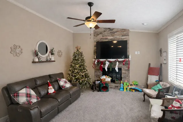 a living room with furniture and decor