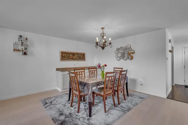 a view of a dining room with furniture