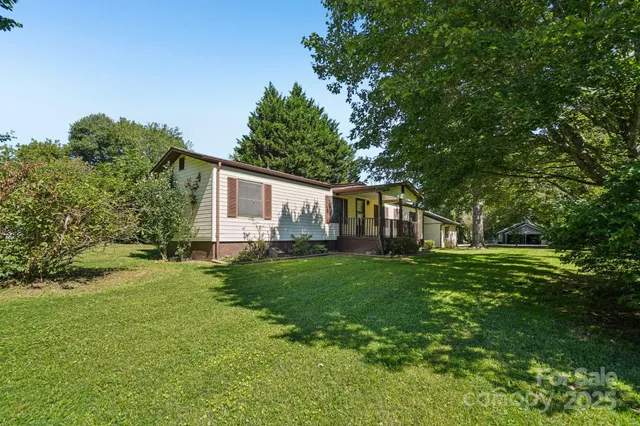 a view of a backyard with plants and large trees
