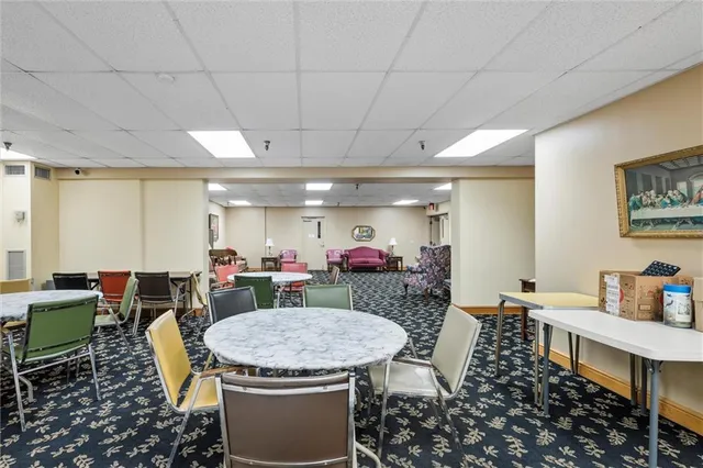 a view of a dining room with furniture