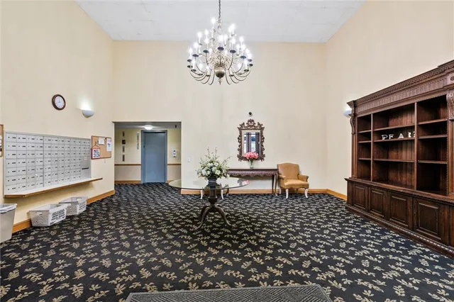 a living room with a couch and a table
