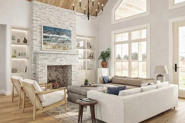 a living room with fireplace furniture and a potted plant