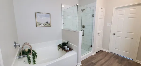 a bathroom with a bathtub and shower