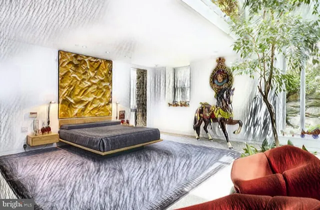 a living room with a couch and a potted plant