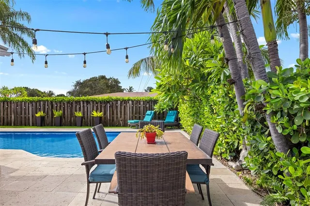 a patio with glass top table and chairs