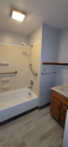 a bathroom with a bathtub and a shower