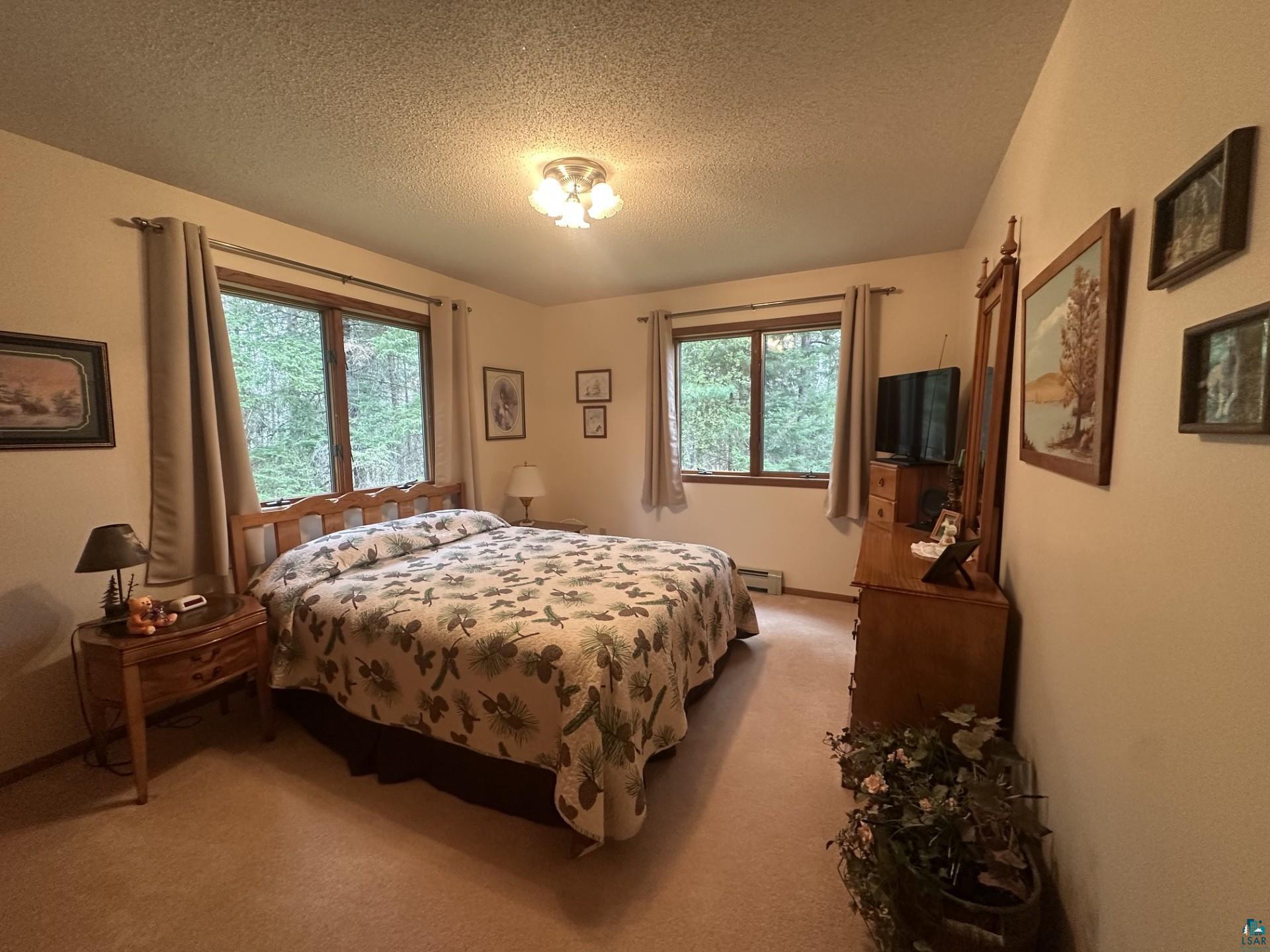 81 Hautaluoma Road Esko, MN 55733 - Photo 15 of 43 Bedroom featuring two windows with wood trim, wall-to-wall carpeting, and a flush-mount ceiling light fixture