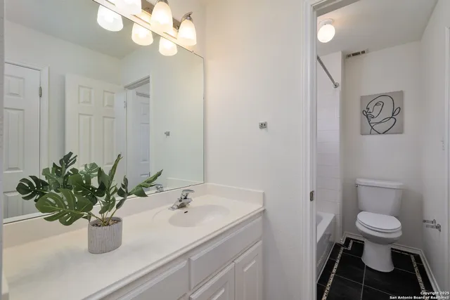 a bathroom with a sink a toilet and a mirror