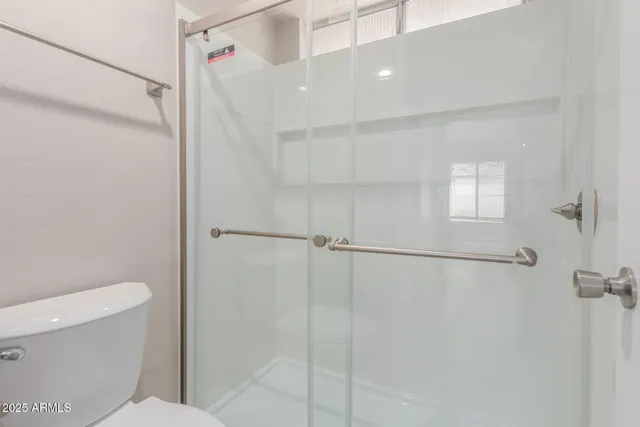 a bathroom with a shower and a toilet