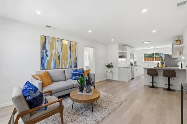 a living room with furniture and a potted plant