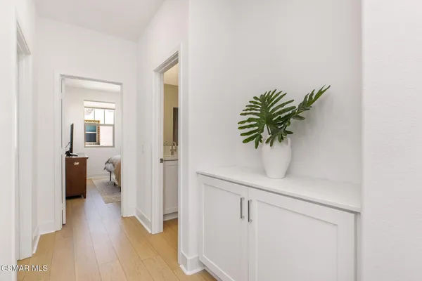 a view of a hallway with wooden floor and a potted plant