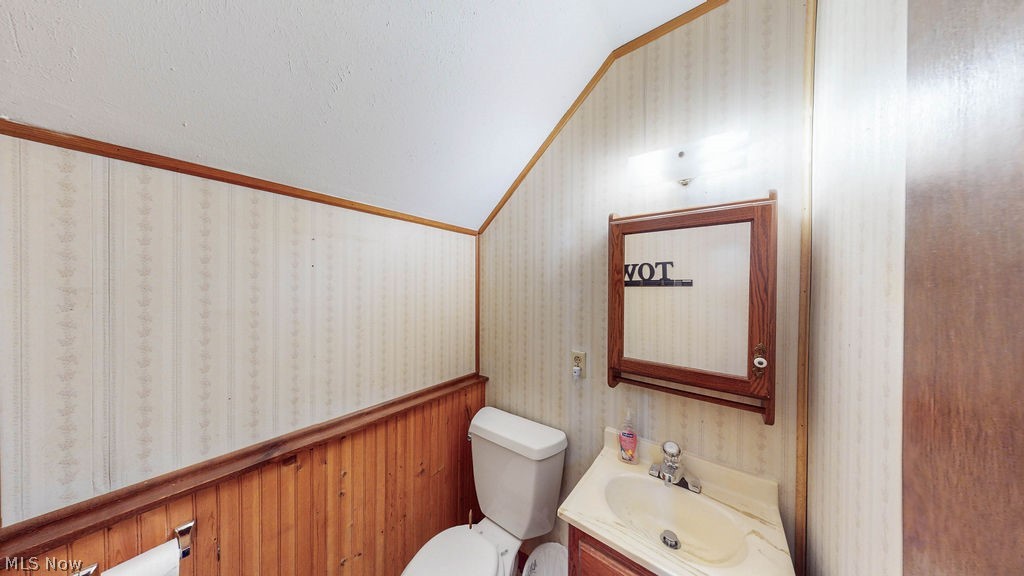 38667 Chestnut Ridge Road Elyria, OH 44035 - Photo 23 of 35 Bathroom featuring a wall-mounted vanity with integrated sink, wooden medicine cabinet, and white toilet