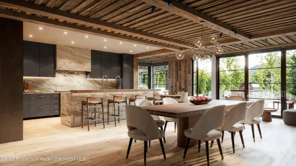 a view of a dining room with furniture window and outside view
