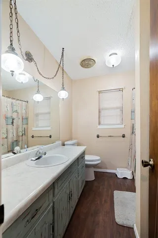 a bathroom with a sink a toilet and a mirror