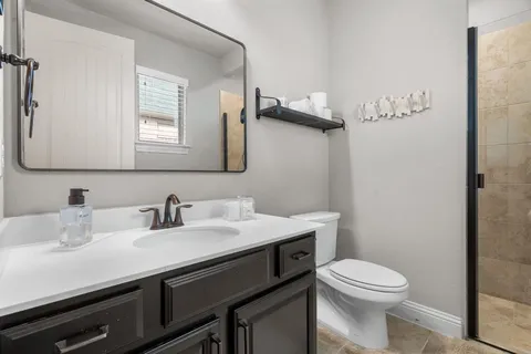 a bathroom with a sink a toilet and mirror