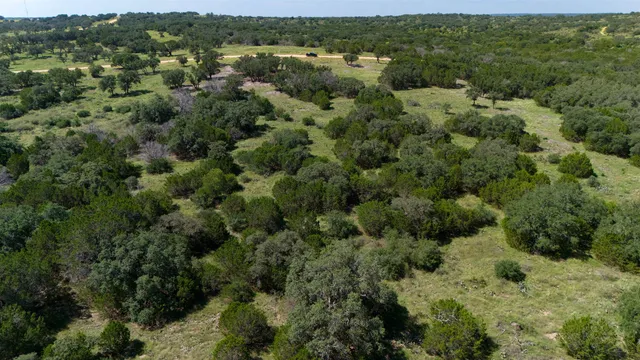 an aerial view of residential houses with outdoor space and trees