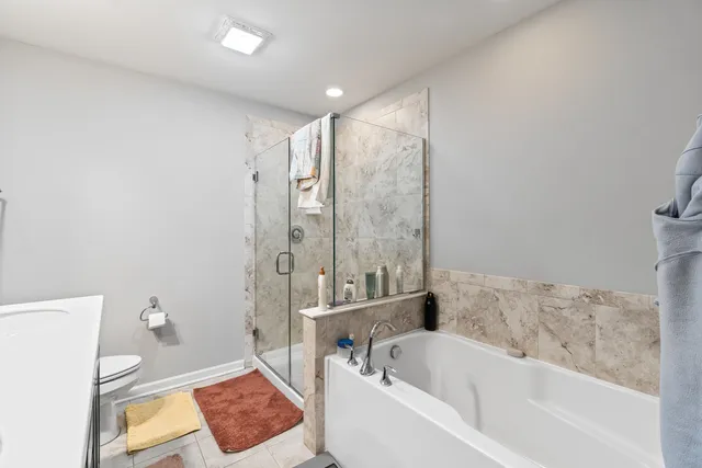 a bathroom with a bathtub and a toilet