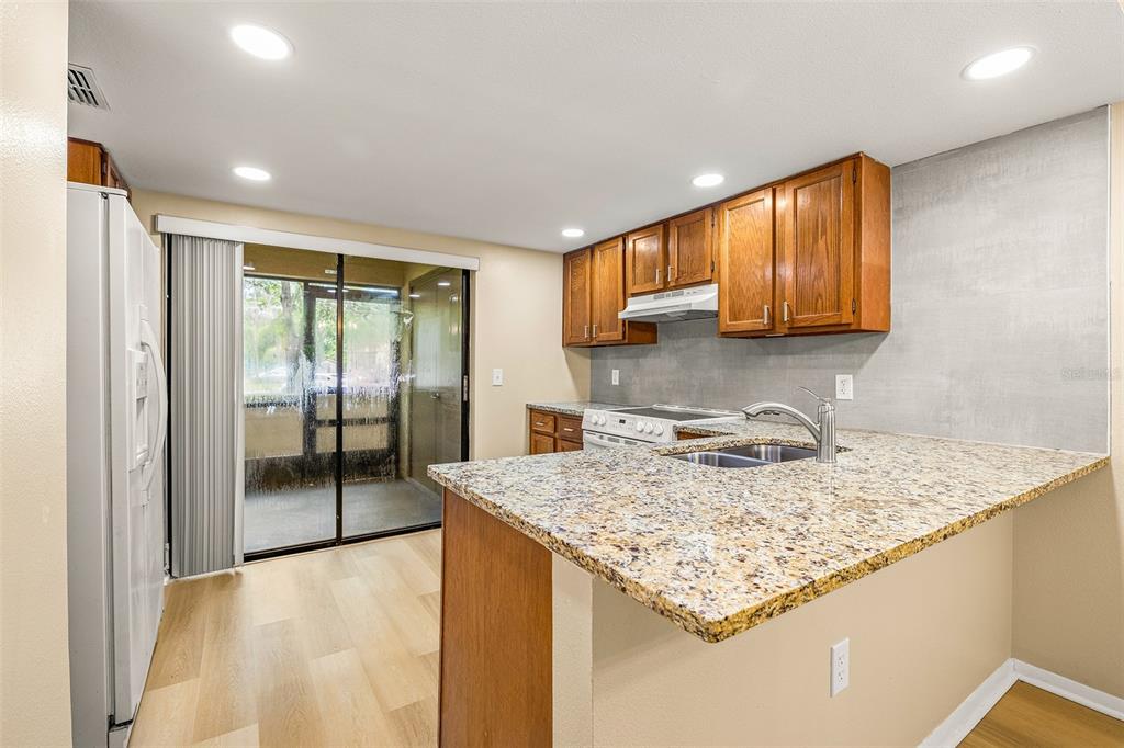 125 Woodlake Wynde Oldsmar, FL 34677 - Photo 9 of 20 a kitchen with a sink a refrigerator and wooden cabinets