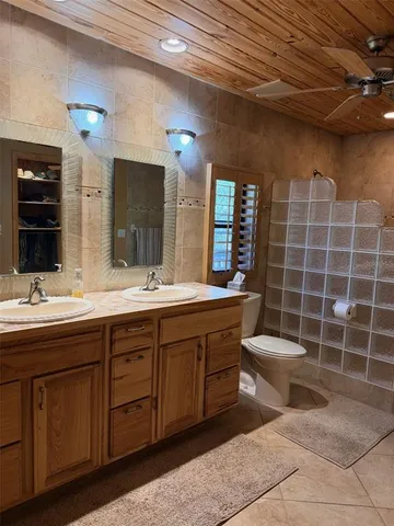 a view of a park with large trees