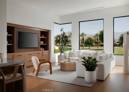 a living room with furniture and a potted plant