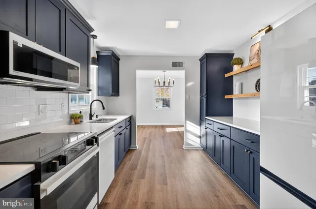 a kitchen with stainless steel appliances a stove microwave and sink