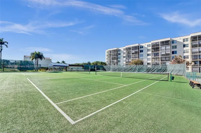 a view of a tennis ground with large trees