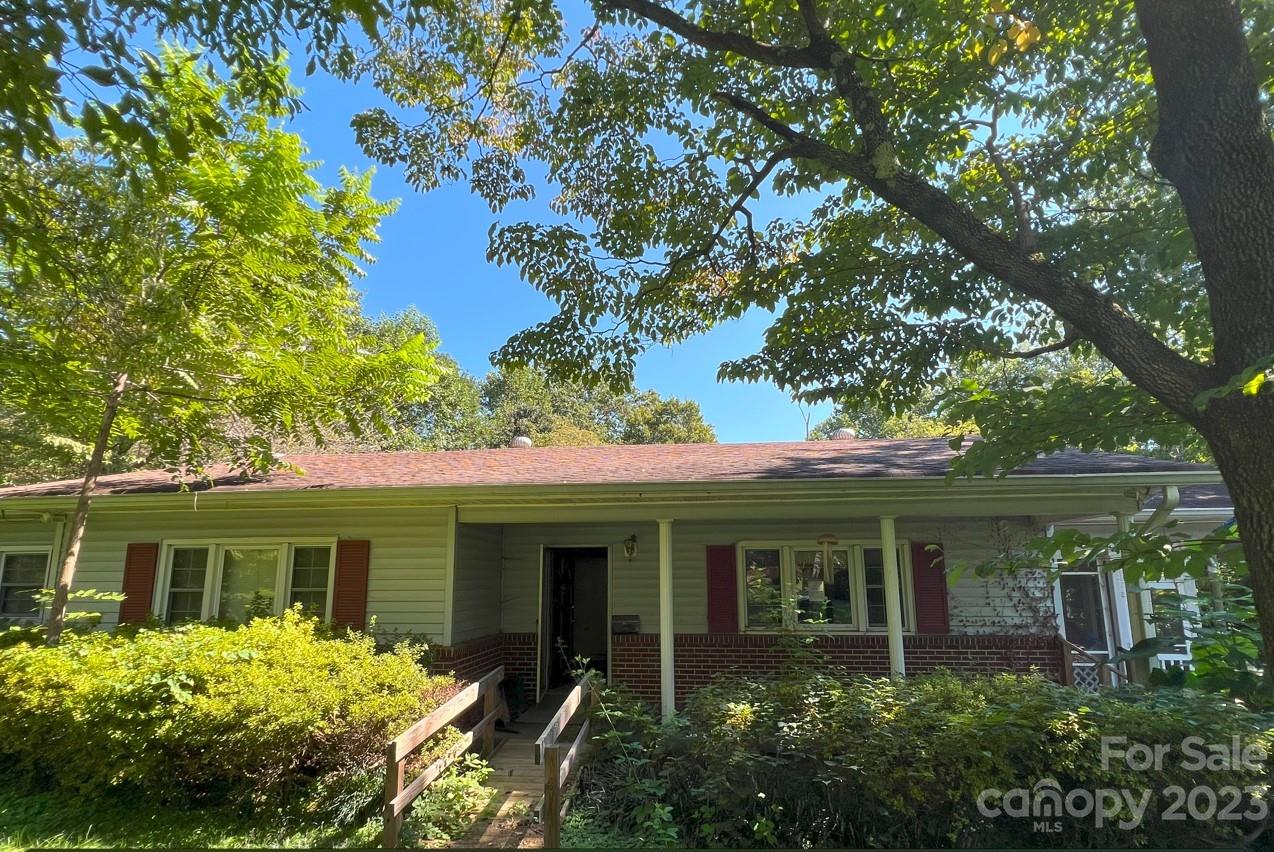 a view of a house with potted plants and a large tree