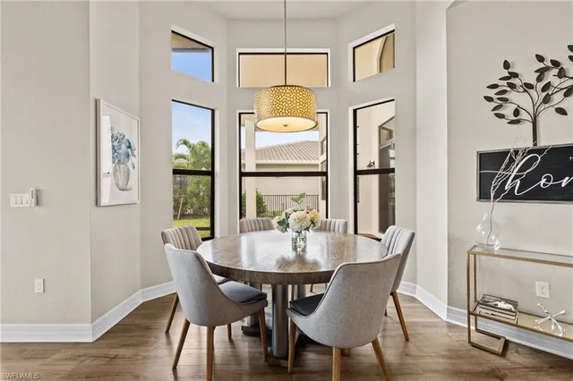 a view of a dining room with furniture window and outside view