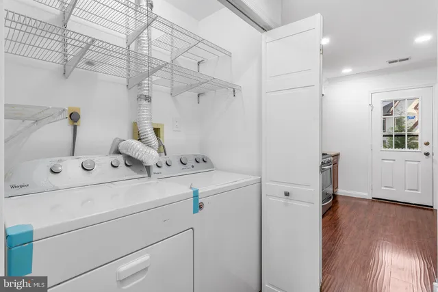 a view of storage and utility room with wooden floor