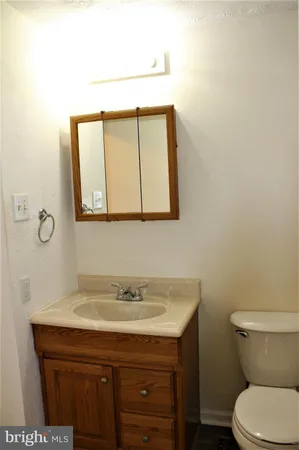 a bathroom with a toilet a sink a vanity and mirror