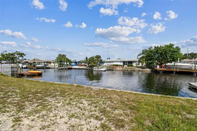 a view of a lake with boats and trees in the background