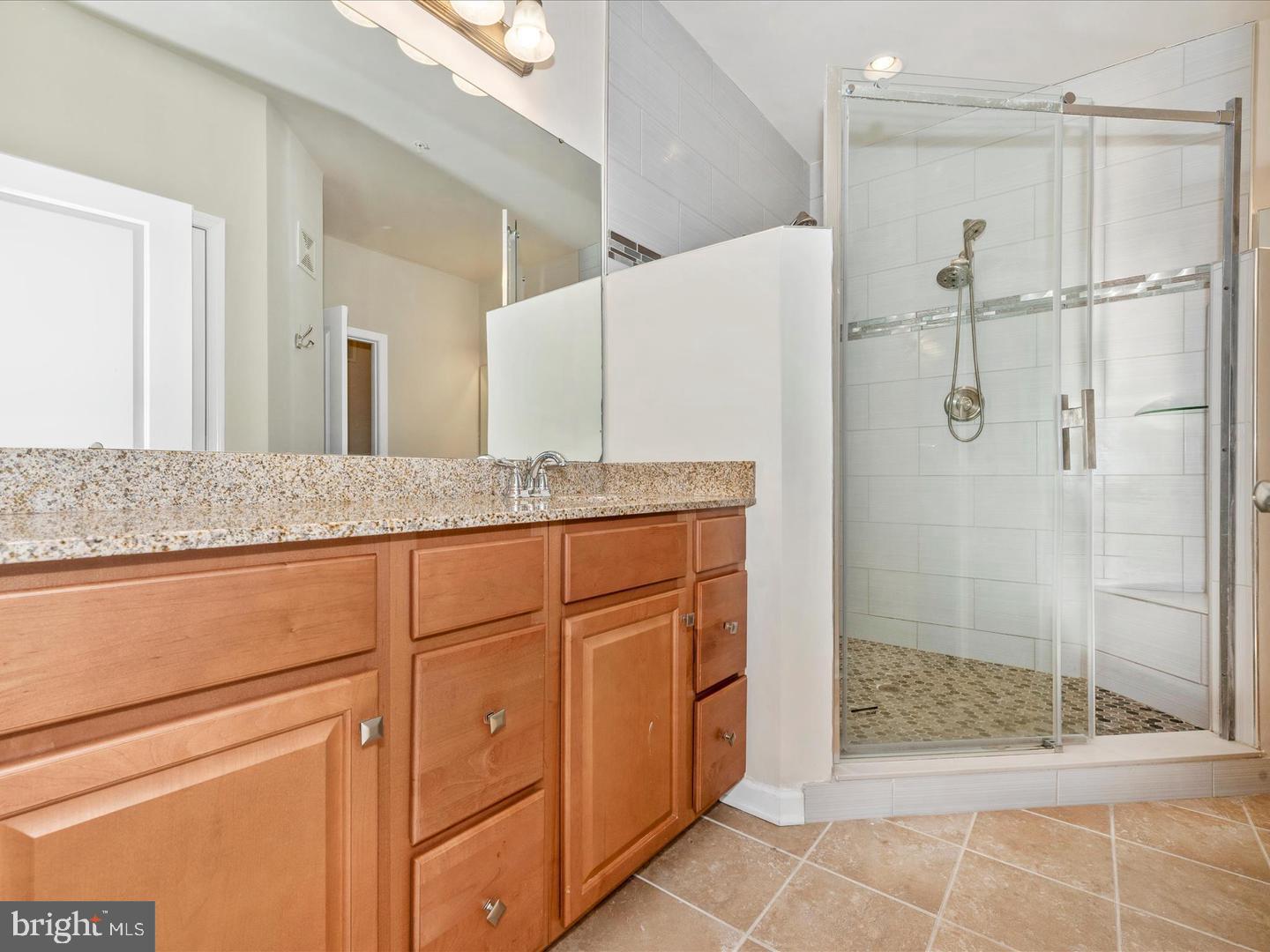 208 B Mill Pond Road Frederick, MD 21701 - Photo 28 of 45 a bathroom with a granite countertop sink a mirror and shower