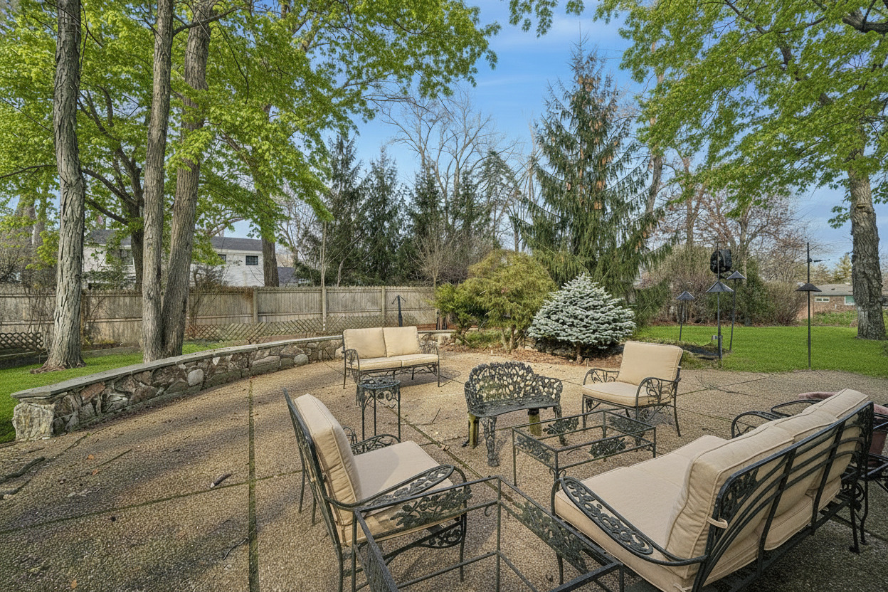 990 Heather Road Deerfield, IL 60015 - Photo 23 of 28 a view of a patio with table and chairs under an umbrella with large trees