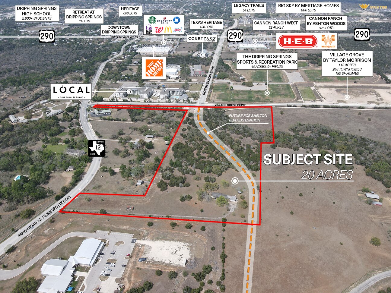 Aerial Site Plan. Depicting a 20-acre subject site with surrounding infrastructure and developments