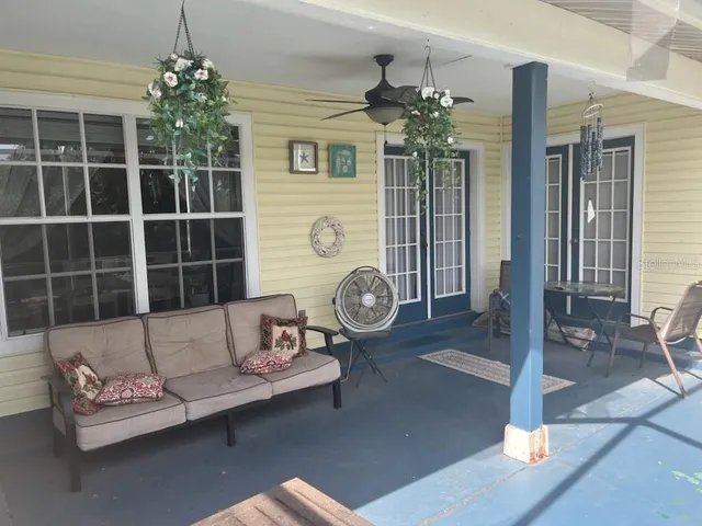 a front view of a house with couch