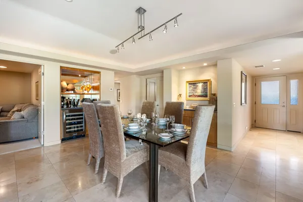 a view of a dining room with furniture
