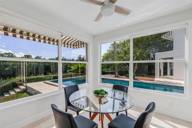 a view of a dining room with furniture window and outside view