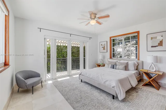 a spacious bedroom with a bed and glass window