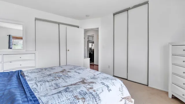 a bedroom with a bed and a cabinets