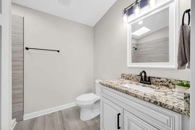 a bathroom with a granite countertop sink a toilet and a mirror